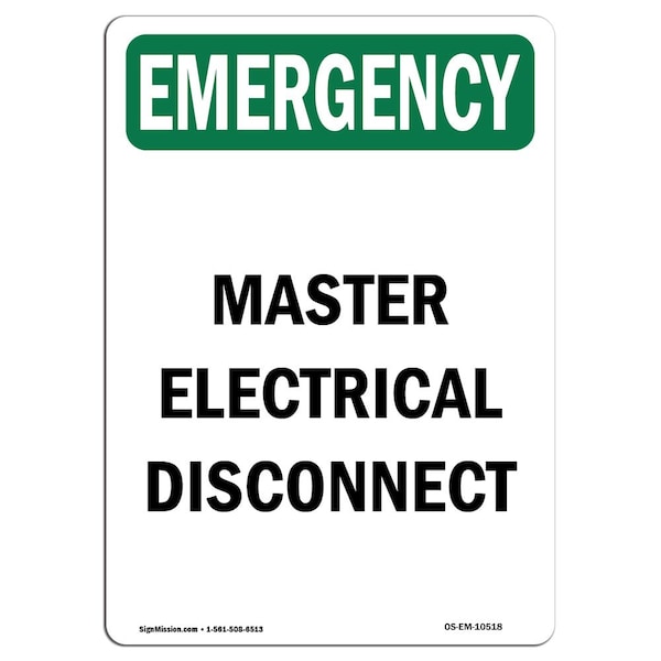 Safety Sign, OSHA EMERGENCY, 18" Height, Aluminum, Master Electrical Disconnect, Portrait